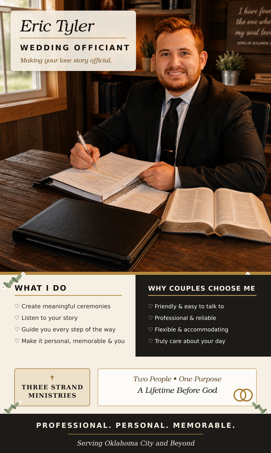 Eric Tyler smiling at a wooden desk with his ceremony notes and Bible